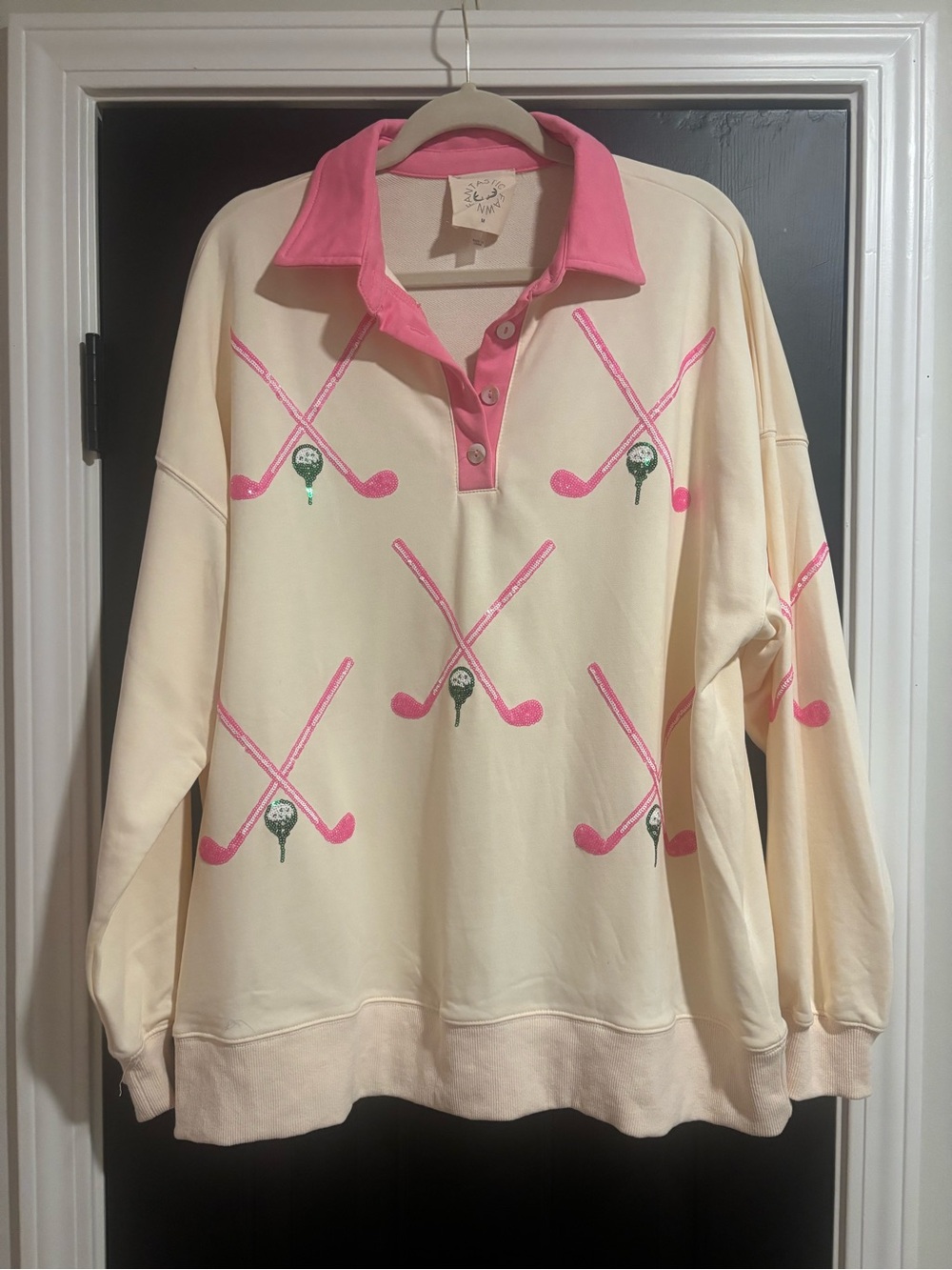 Fantastic Fawn Cream Polo Sweatshirt with Pink Golf Motif